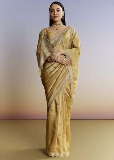 Mustard Yellow Jacquard Tissue Saree With Zigzag Zardosi Work