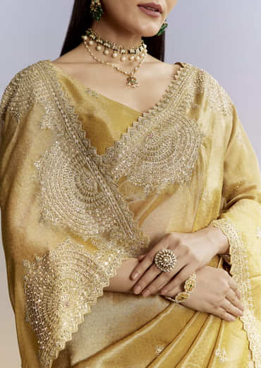 Mustard Yellow Jacquard Tissue Saree With Zigzag Zardosi Work