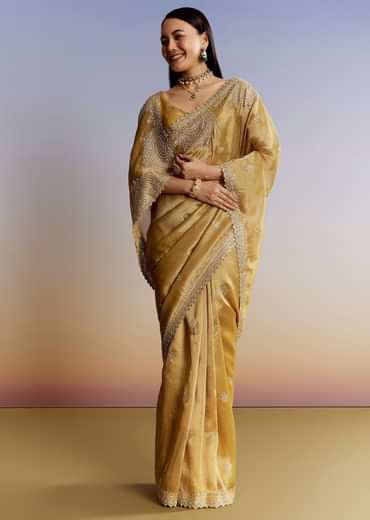 Mustard Yellow Jacquard Tissue Saree With Zigzag Zardosi Work