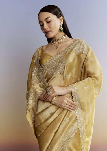 Mustard Yellow Jacquard Tissue Saree With Zigzag Zardosi Work