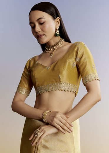 Mustard Yellow Jacquard Tissue Saree With Zigzag Zardosi Work