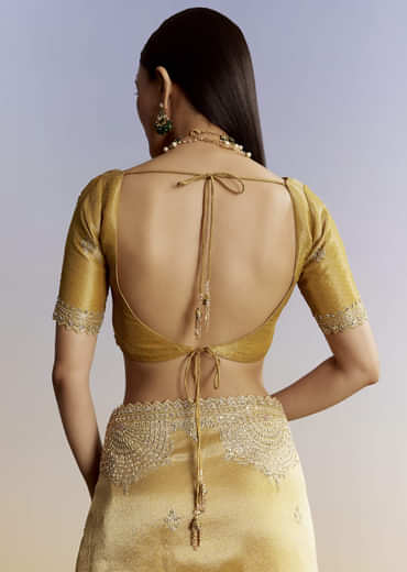 Mustard Yellow Jacquard Tissue Saree With Zigzag Zardosi Work