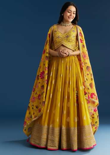 Mustard Yellow Lehenga Set With Zardosi Sequins Choli And Printed Dupatta