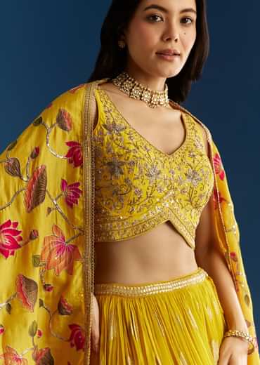 Mustard Yellow Lehenga Set With Zardosi Sequins Choli And Printed Dupatta
