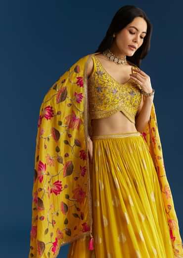 Mustard Yellow Lehenga Set With Zardosi Sequins Choli And Printed Dupatta