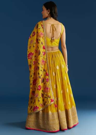 Mustard Yellow Lehenga Set With Zardosi Sequins Choli And Printed Dupatta