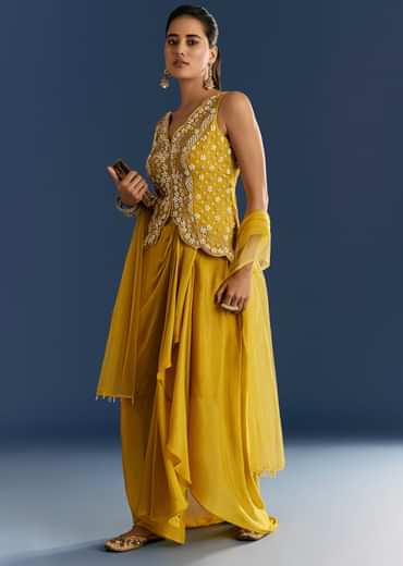 Mustard Yellow Moti Embroidered Kurta Skirt With Dupatta