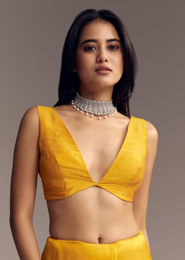 Mustard Yellow Organza Saree With Scallop Border And Stone Work