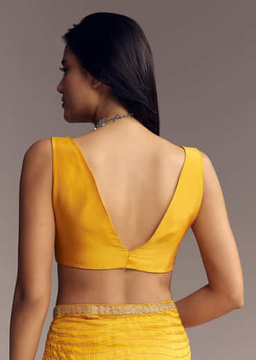 Mustard Yellow Organza Saree With Scallop Border And Stone Work