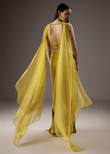 Mustard Yellow Satin Crop Top Skirt With Heavy Embroidery