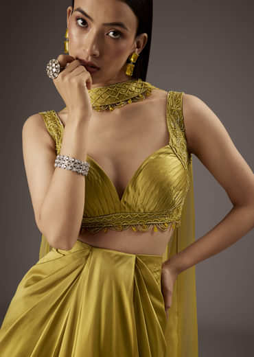 Mustard Yellow Satin Crop Top Skirt With Heavy Embroidery