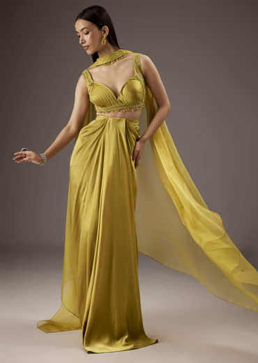 Mustard Yellow Satin Crop Top Skirt With Heavy Embroidery