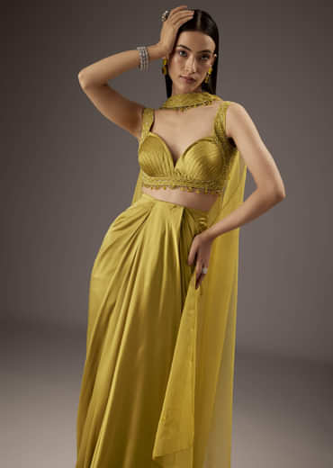 Mustard Yellow Satin Crop Top Skirt With Heavy Embroidery
