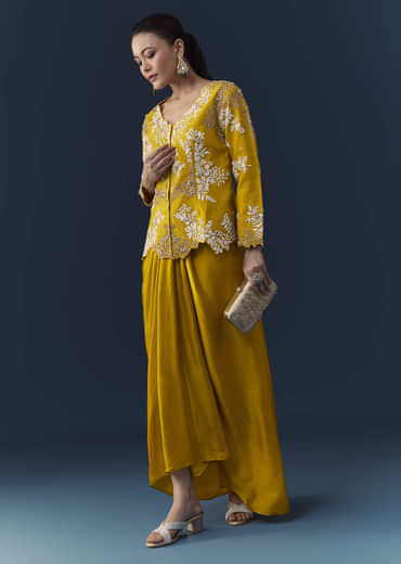 Mustard Yellow Satin Silk Top Skirt Set with Moti Work