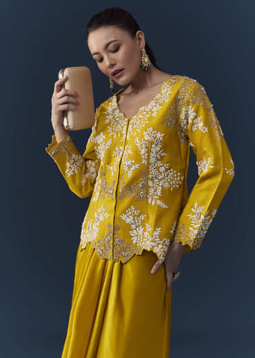 Mustard Yellow Satin Silk Top Skirt Set with Moti Work