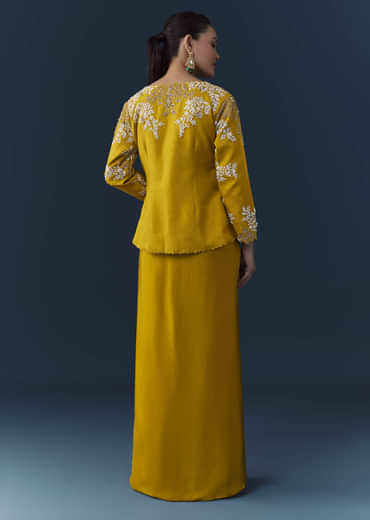 Mustard Yellow Satin Silk Top Skirt Set with Moti Work