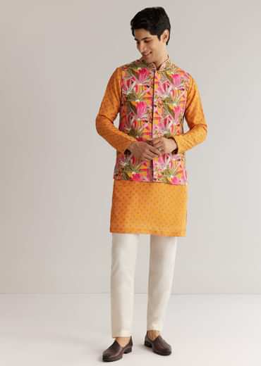 Mustard Yellow Silk 3D Crystal Pearl Floral Kurta Jacket Set