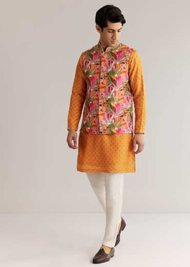 Mustard Yellow Silk 3D Crystal Pearl Floral Kurta Jacket Set