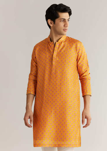 Mustard Yellow Silk 3D Crystal Pearl Floral Kurta Jacket Set