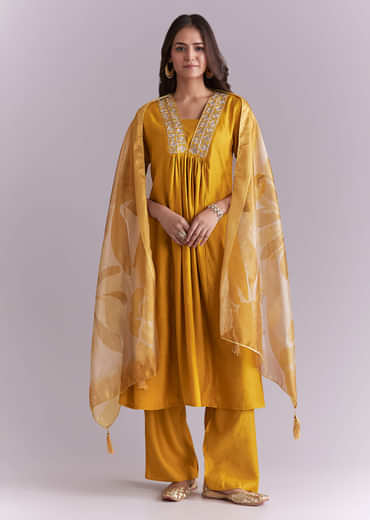 Mustard Yellow Silk Anarkali Suit With Zari Work And Floral Print Dupatta