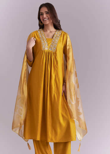 Mustard Yellow Silk Anarkali Suit With Zari Work And Floral Print Dupatta