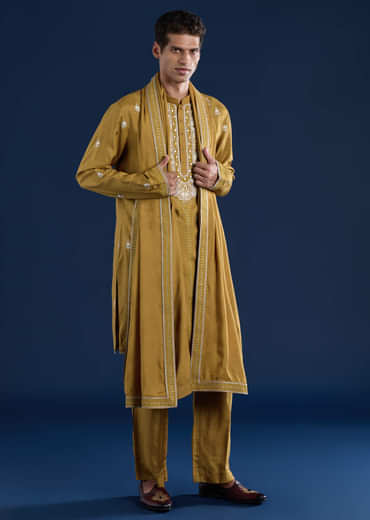 Mustard Yellow Silk Blend Embroidered Mens Kurta Set with Dupatta