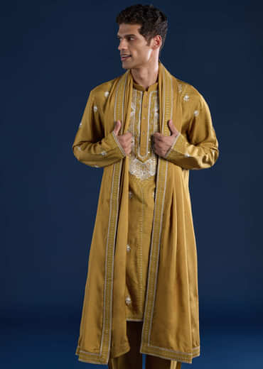 Mustard Yellow Silk Blend Embroidered Mens Kurta Set with Dupatta