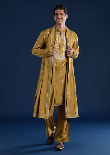 Mustard Yellow Silk Blend Embroidered Mens Kurta Set with Dupatta