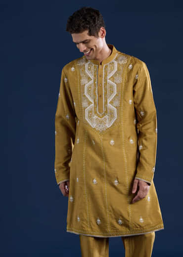 Mustard Yellow Silk Blend Embroidered Mens Kurta Set with Dupatta