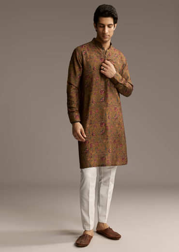 Mustard Yellow Silk Designer Kurta For Men With Vintage Floral Print