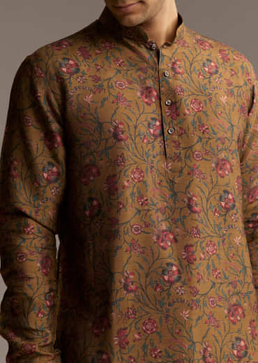 Mustard Yellow Silk Designer Kurta For Men With Vintage Floral Print
