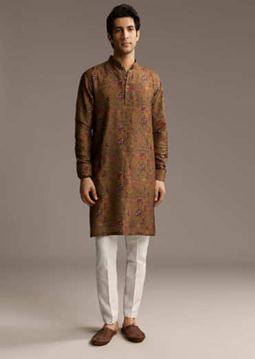 Mustard Yellow Silk Designer Kurta For Men With Vintage Floral Print