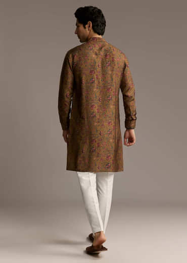 Mustard Yellow Silk Designer Kurta For Men With Vintage Floral Print