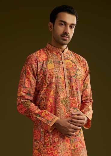 Mustard Yellow Silk Floral Abstract Printed Kurta Set With Stone Work