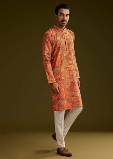 Mustard Yellow Silk Floral Abstract Printed Kurta Set With Stone Work