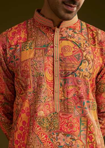Mustard Yellow Silk Floral Abstract Printed Kurta Set With Stone Work