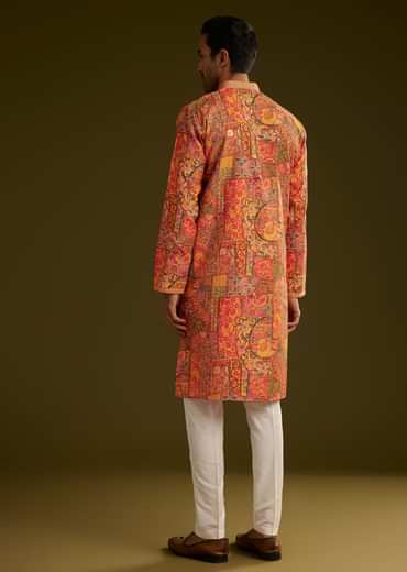 Mustard Yellow Silk Floral Abstract Printed Kurta Set With Stone Work