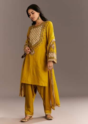 Mustard Yellow Silk Kurta Patiala With Gotta Lace Dupatta
