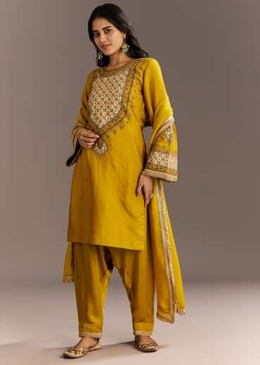 Mustard Yellow Silk Kurta Patiala With Gotta Lace Dupatta