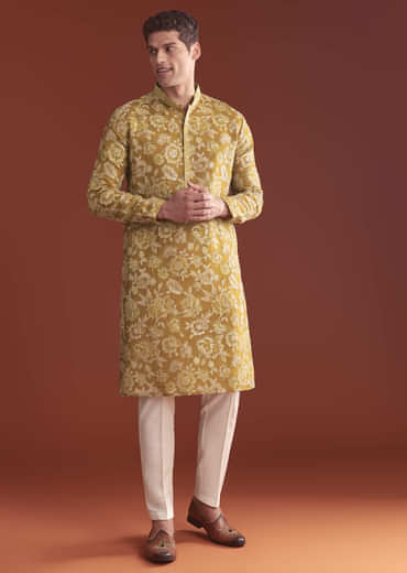 Mustard Yellow Silk Kurta Set For Men With Floral Resham Work