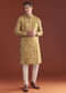 Mustard Yellow Silk Kurta Set For Men With Floral Resham Work