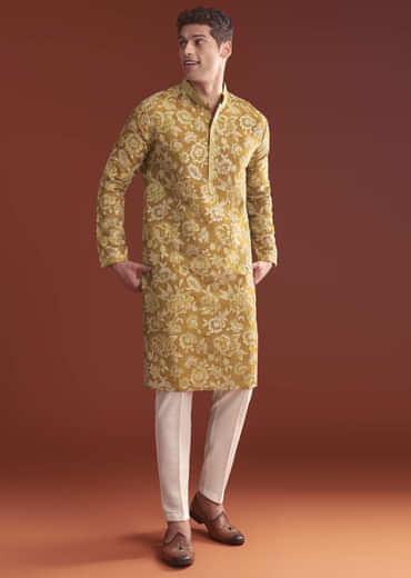 Mustard Yellow Silk Kurta Set For Men With Floral Resham Work