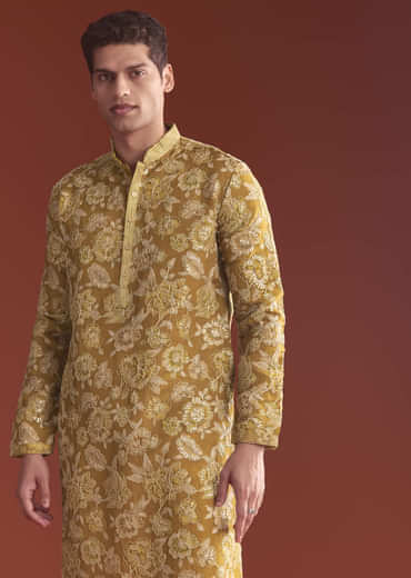 Mustard Yellow Silk Kurta Set For Men With Floral Resham Work