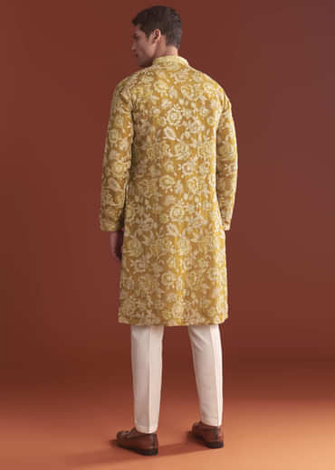 Mustard Yellow Silk Kurta Set For Men With Floral Resham Work