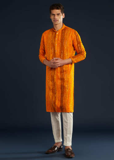 Mustard Yellow Silk Mens Kurta Set with Resham Work
