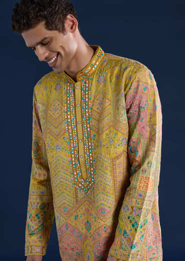 Mustard Yellow Silk Mirror Work Mens Kurta and Pant Set