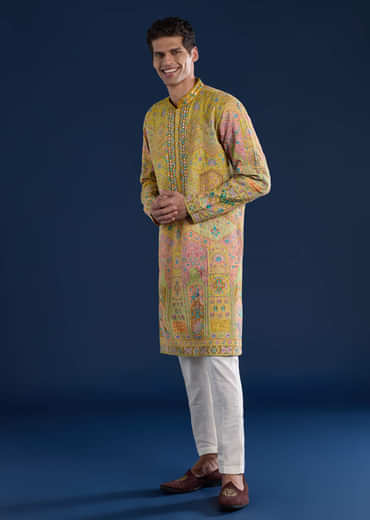 Mustard Yellow Silk Mirror Work Mens Kurta and Pant Set