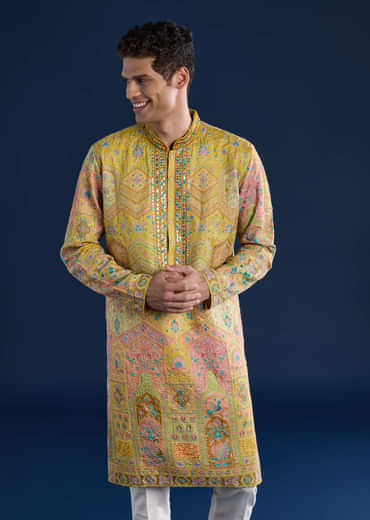 Mustard Yellow Silk Mirror Work Mens Kurta and Pant Set