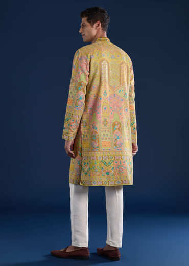 Mustard Yellow Silk Mirror Work Mens Kurta and Pant Set