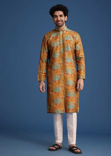 Mustard Yellow Silk Printed Kurta Set